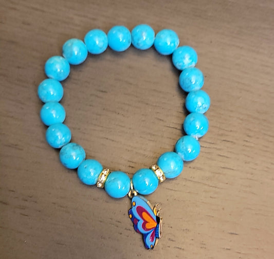 Teal blue bead bracelet e/butterfly charm